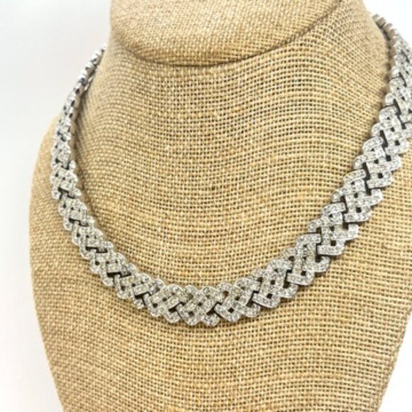 CAROLEE RHINESTONE WOVEN CHOKER NECKLACE SILVER TONE BRIDAL STATEMENT 16.5” - Picture 5 of 15